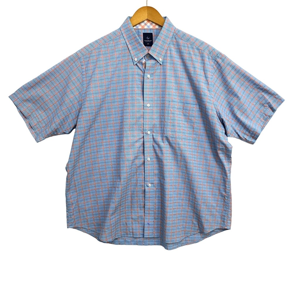 Tailorbyrd Shirt Mens XXL Blue Orange Plaid Short Sleeve Button Down Cotton